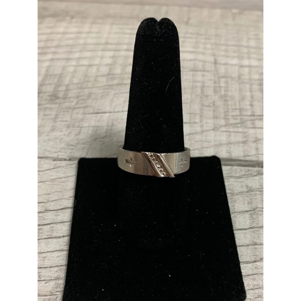 Silver Tone Cross Band Ring with Clear Accents Size 10.5 Religious Jewelry